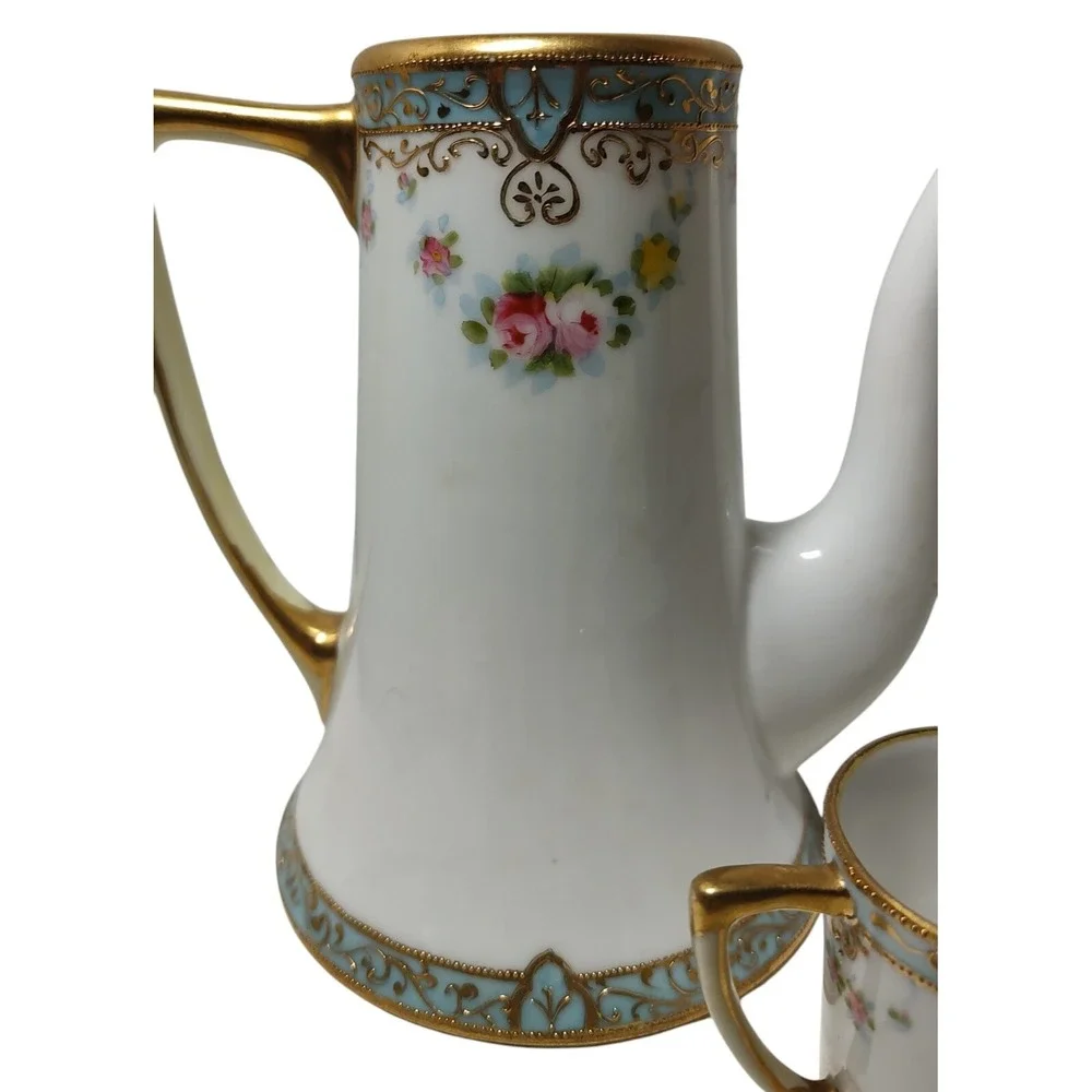 Antique Nippon Chocolate Pot Demitasse Mug Sugar Bowl Gold Moriage‎ Hand Painted